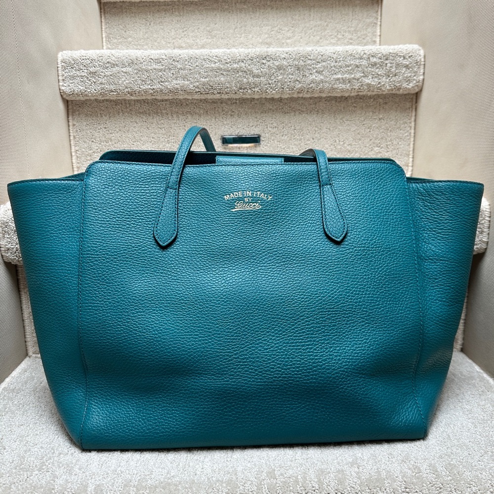 Gucci Blue Tote Bag | Leather Trim | Gold Hardware | Large Designer Work Tote